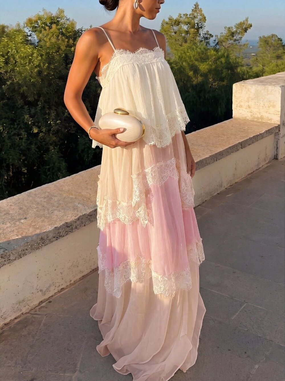Multicolor Women's Party Contrast Lace Trim Tiered Maxi Dress